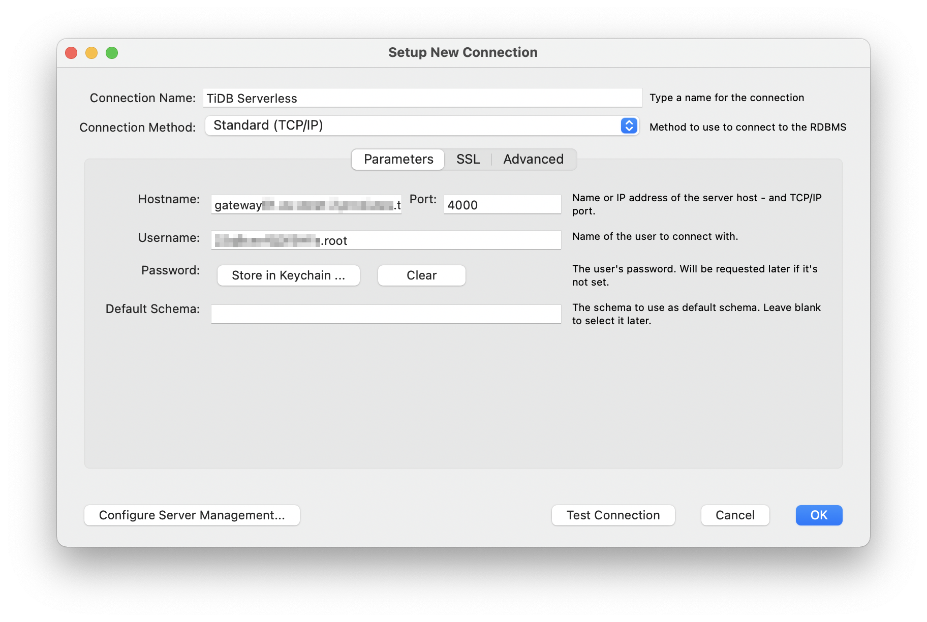 MySQL Workbench: configure connection settings for TiDB Cloud Serverless