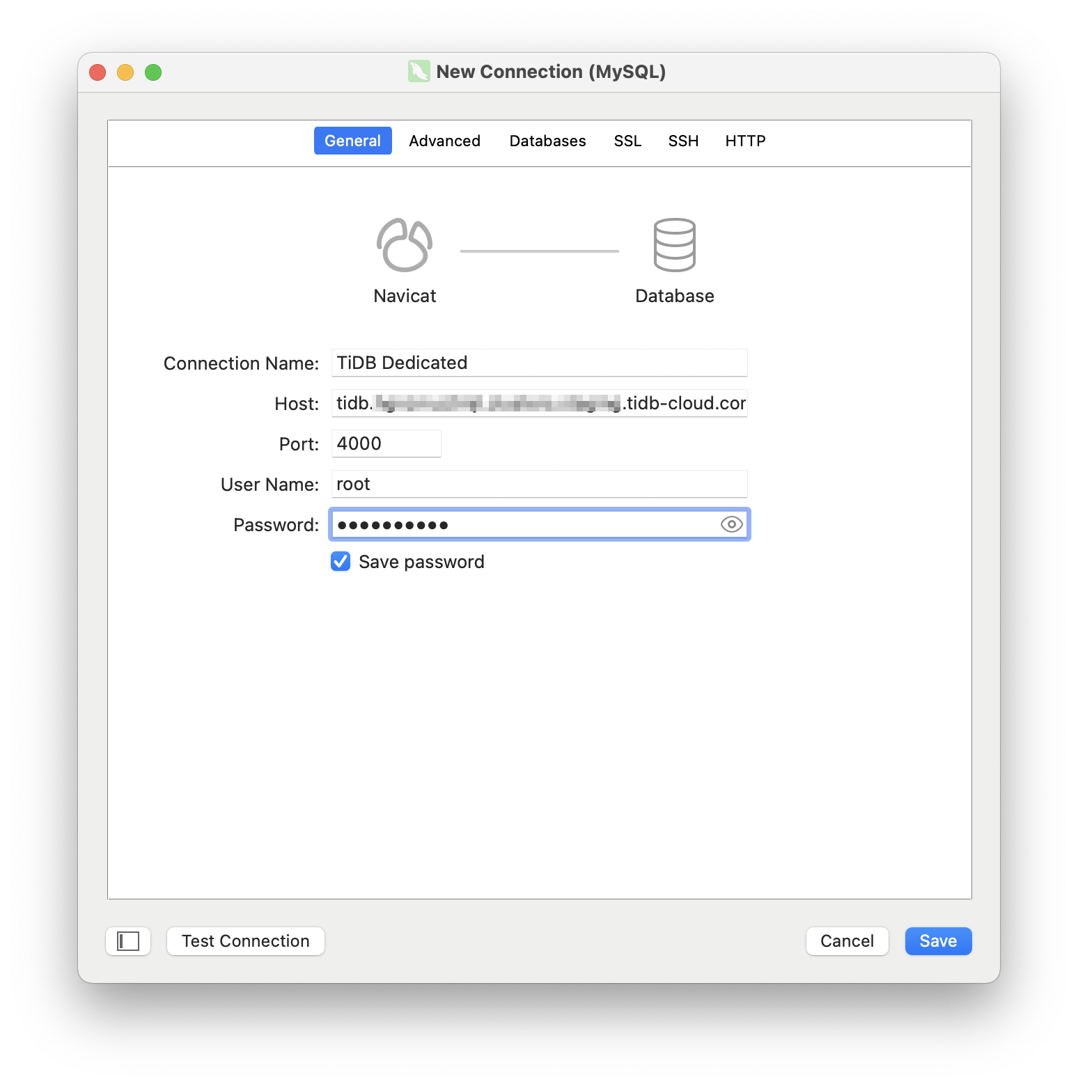 Navicat: configure connection general panel for TiDB Dedicated