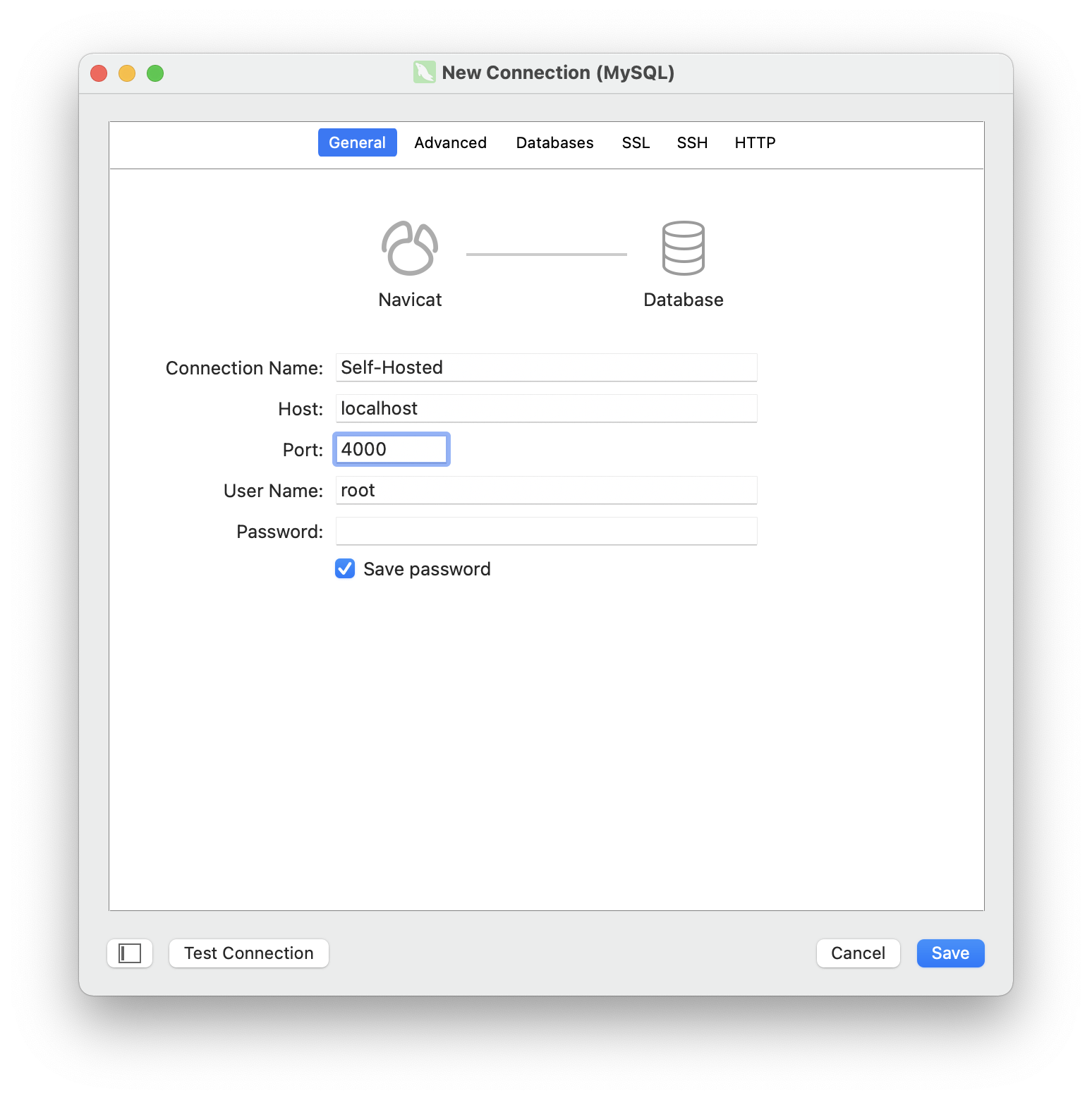 Navicat: configure connection general panel for self-hosted TiDB