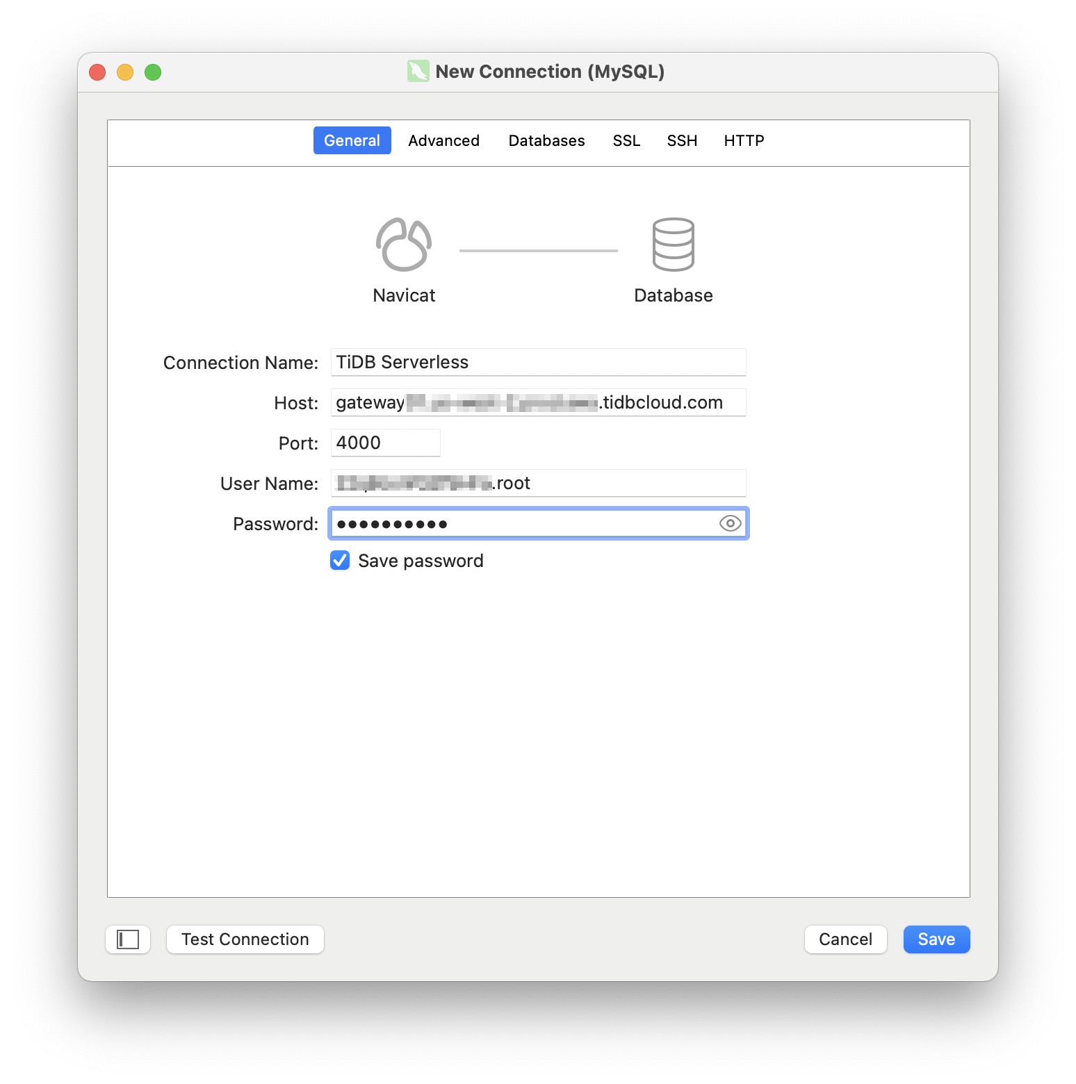 Navicat: configure connection general panel for TiDB Serverless