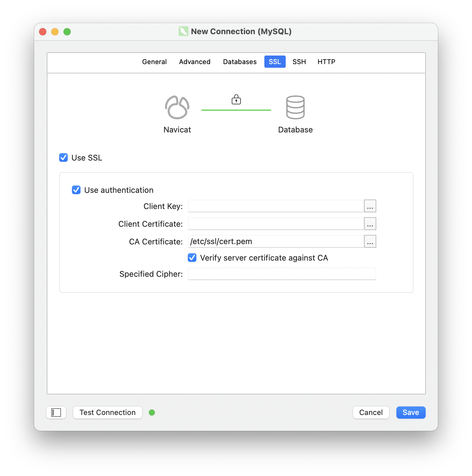 Navicat: configure connection SSL panel for TiDB Serverless