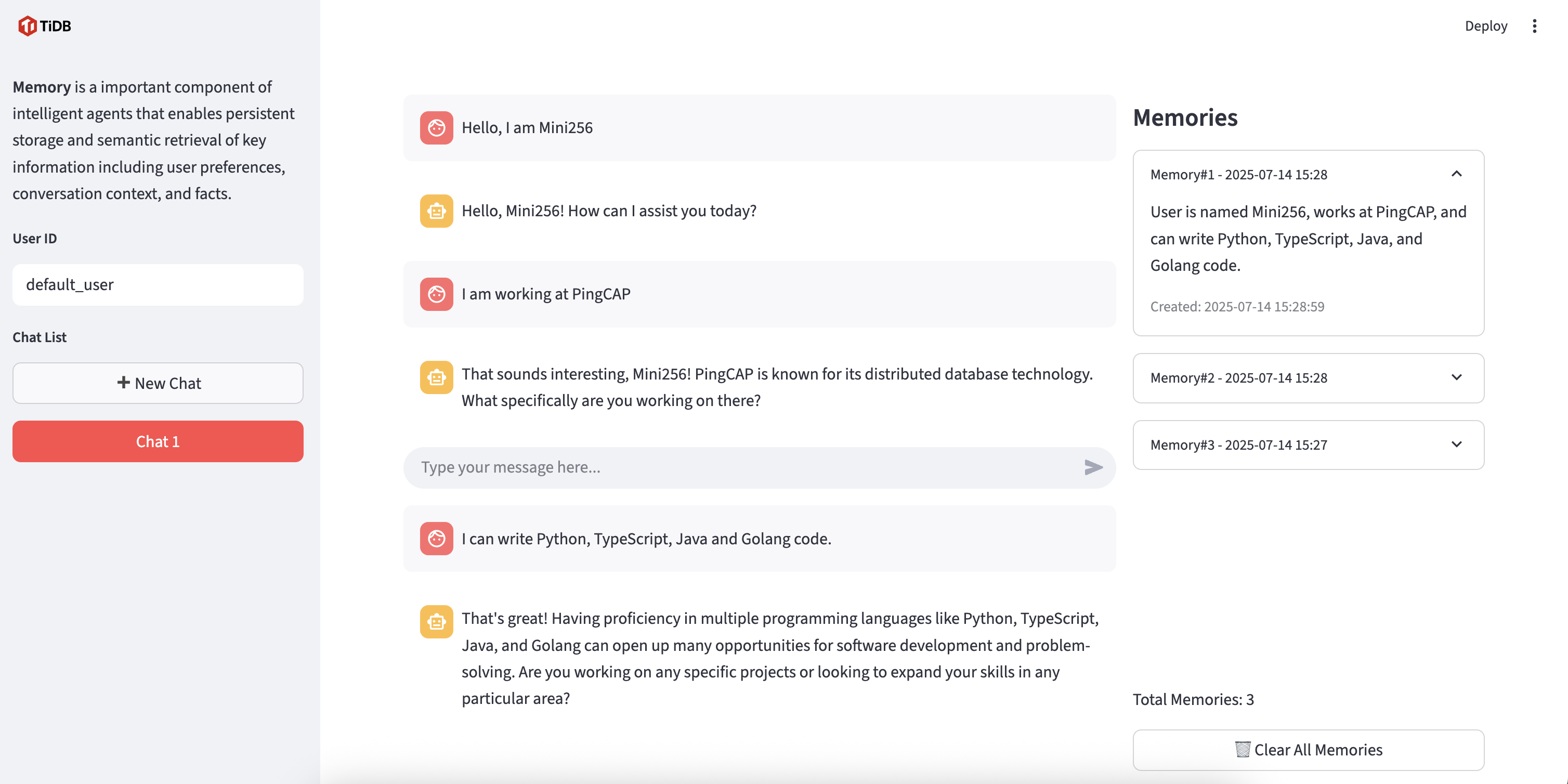 AI Agent with memory powered by TiDB