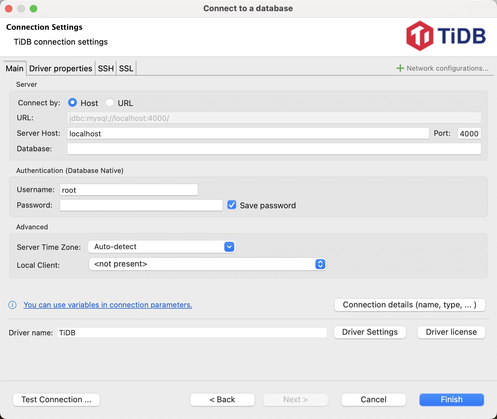 Configure connection settings for TiDB Self-Managed