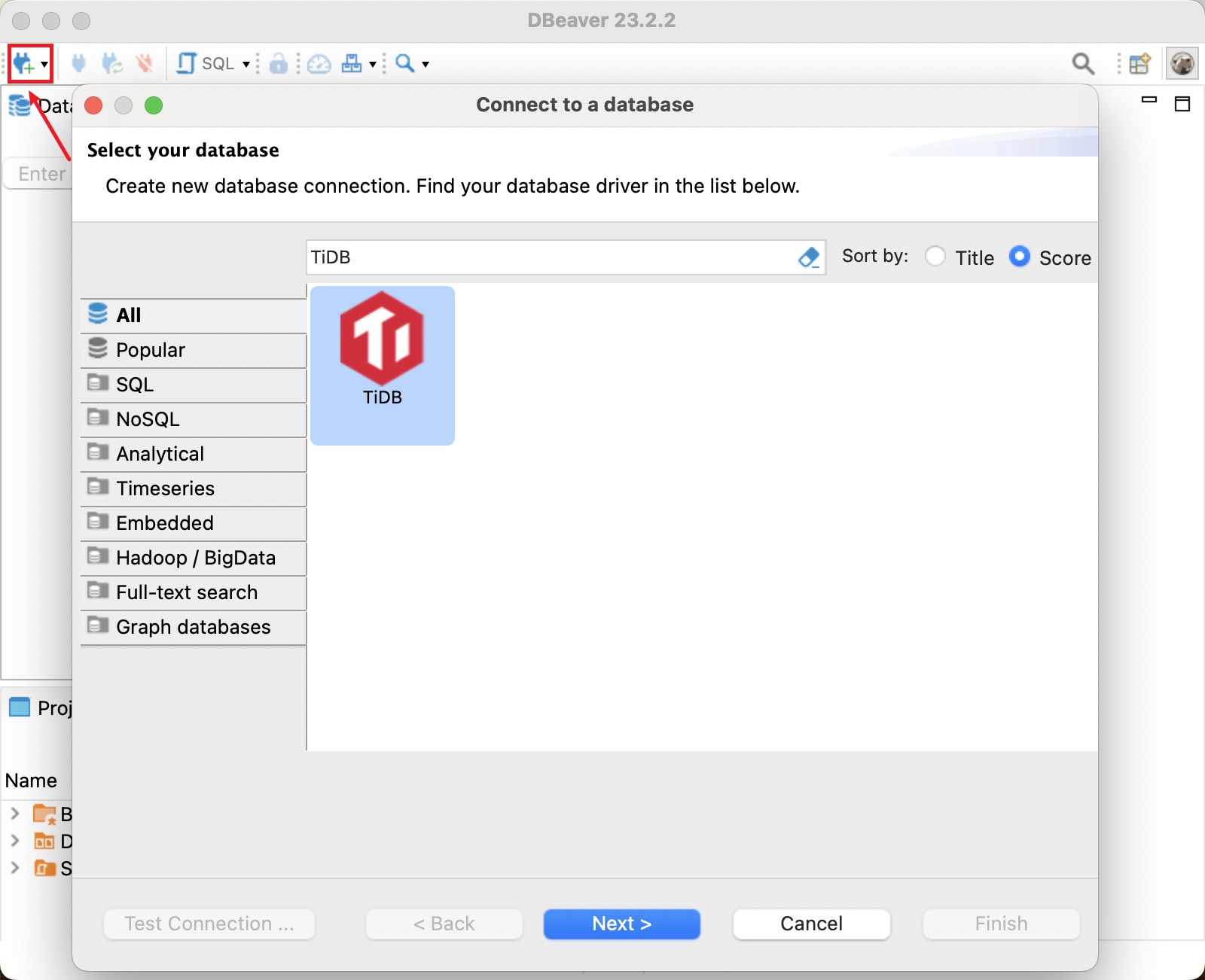 Select TiDB as the database in DBeaver