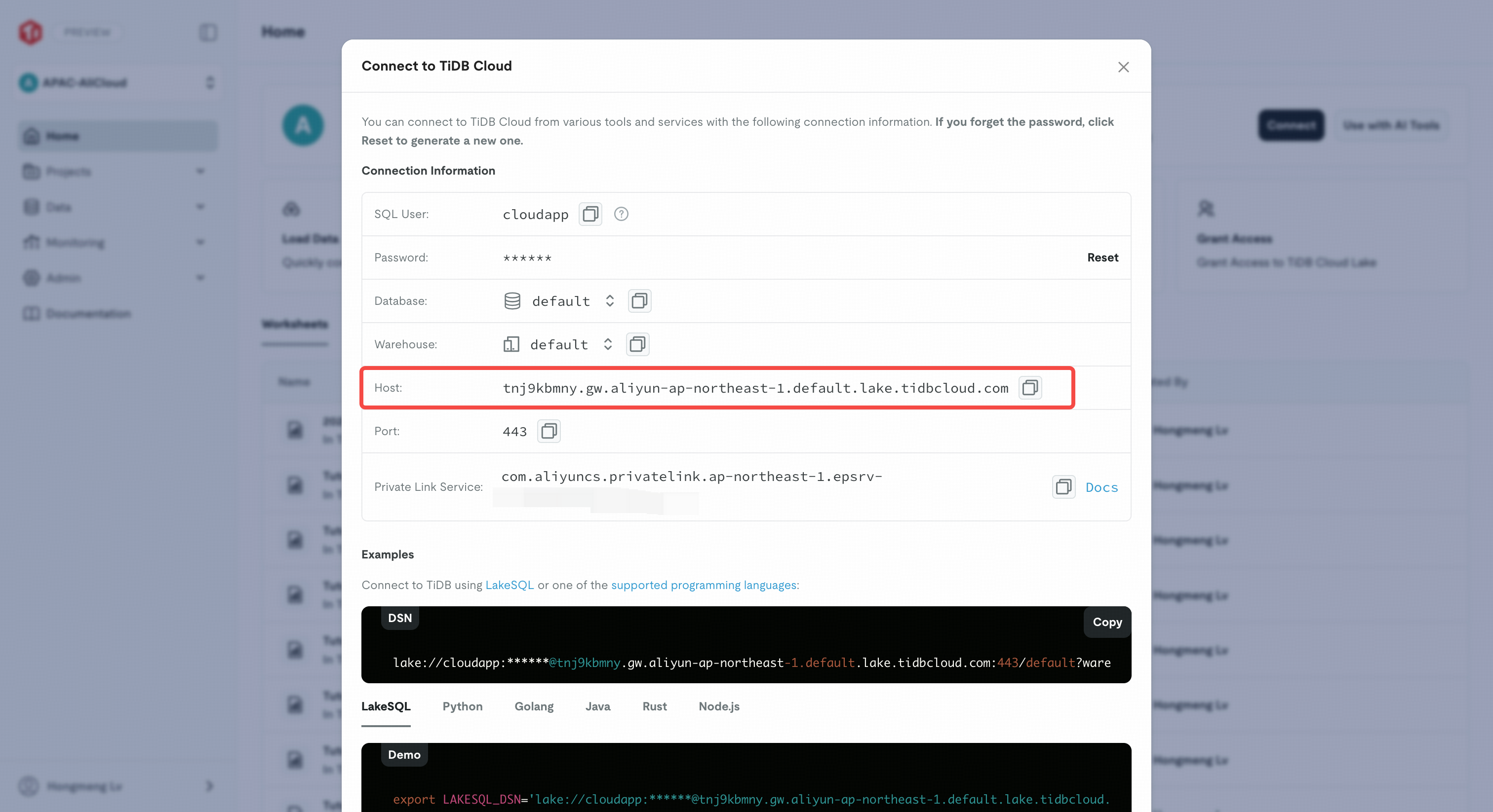Copy the TiDB Cloud Lake host from the connection information