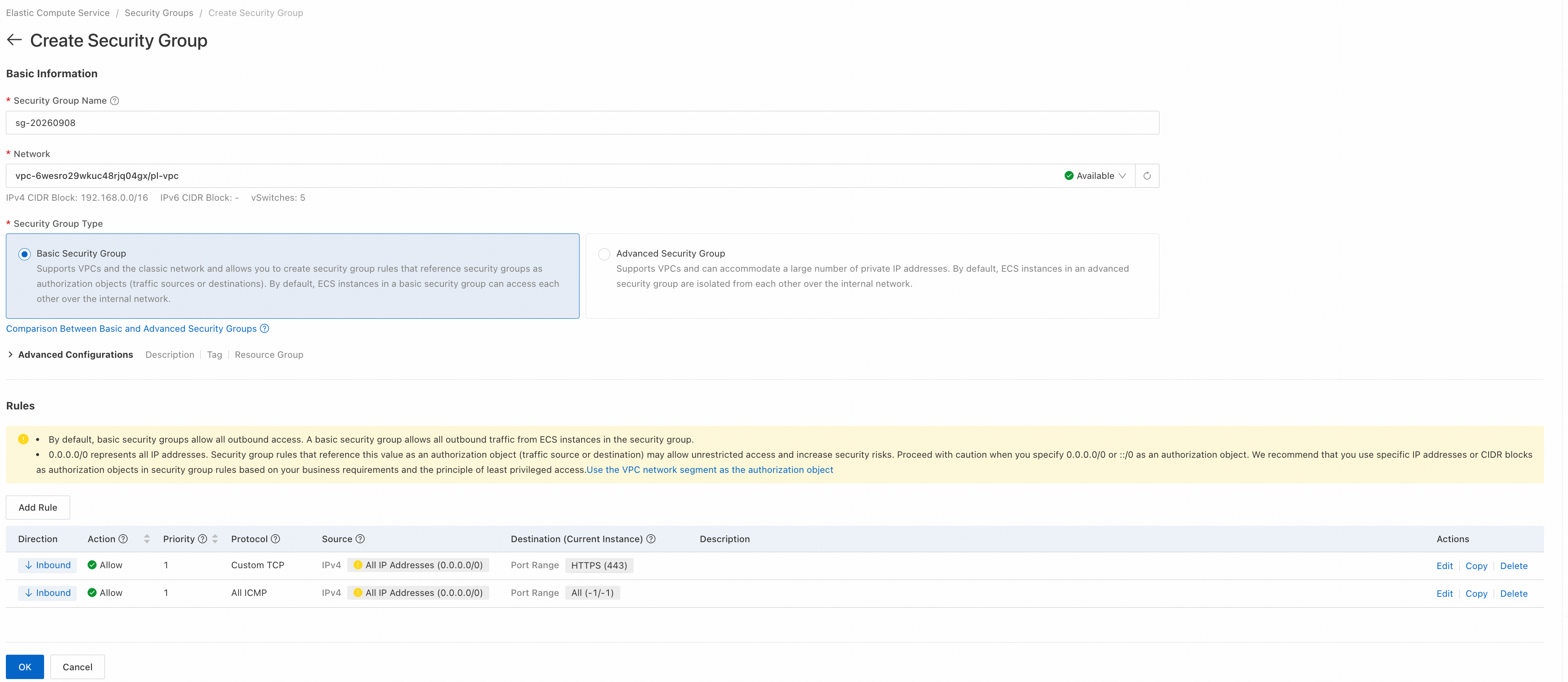 Security group allowing HTTPS traffic