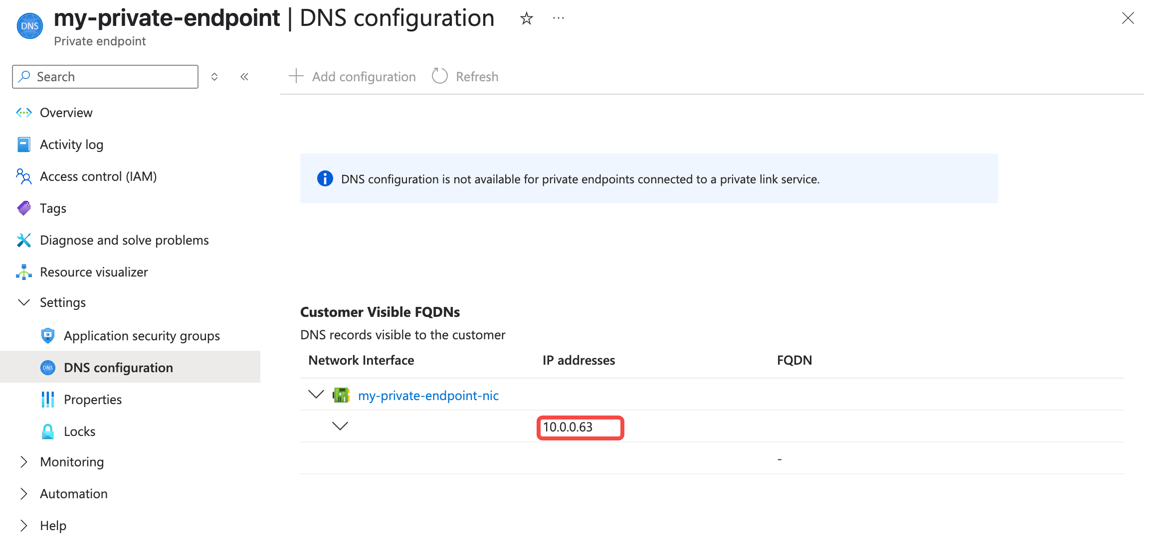 Azure private endpoint DNS IP