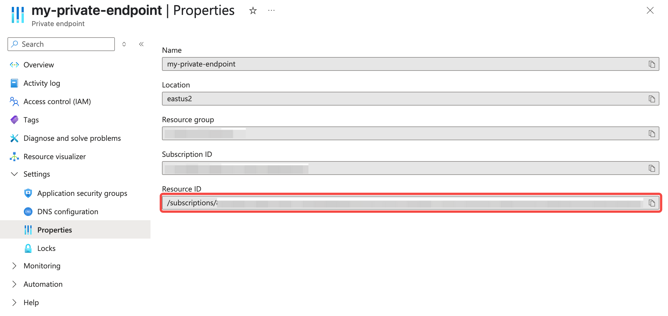 Azure private endpoint resource ID