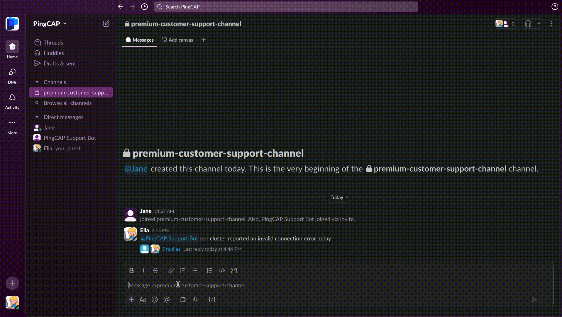 Create a support ticket in Slack
