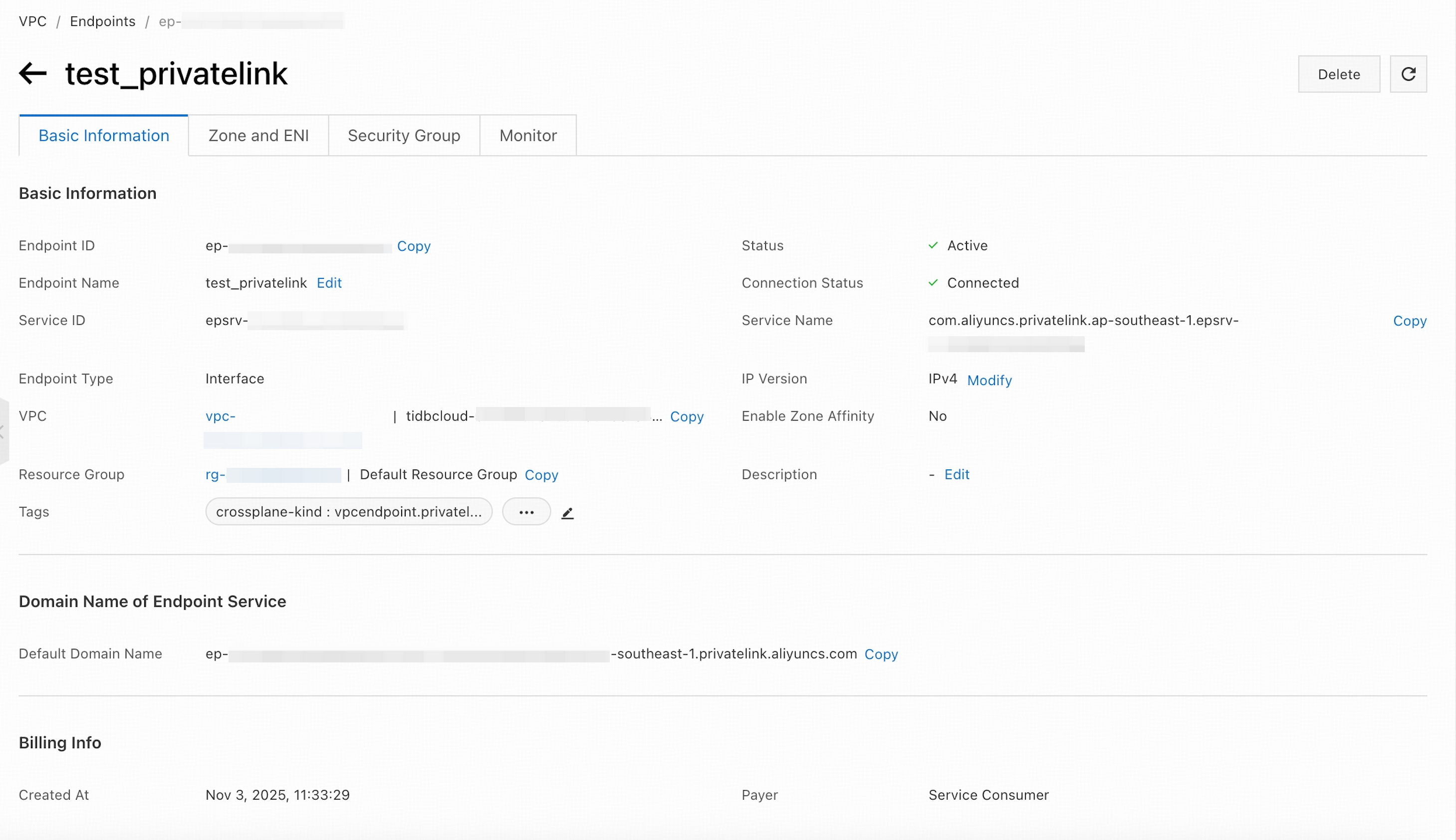 AliCloud private endpoint Information